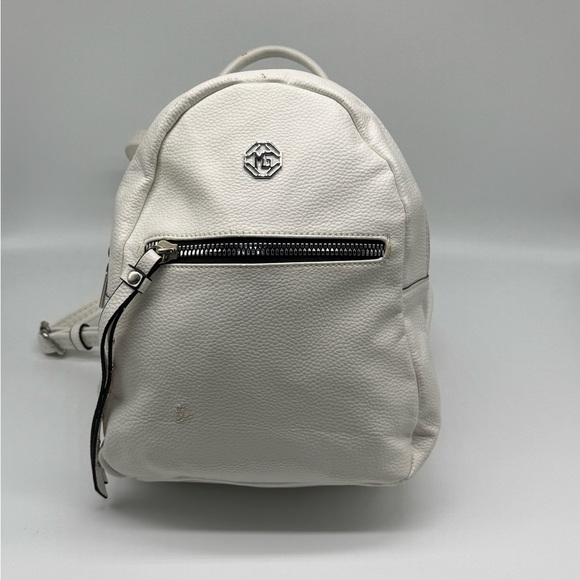Marina Galanti White Pebbled Leather Backpack Silver Logo MG - Picture 1 of 11
